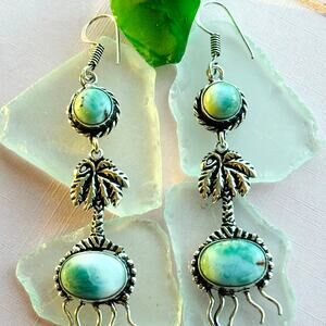 925 Silver Larimar Palm Tree Dangle Earrings